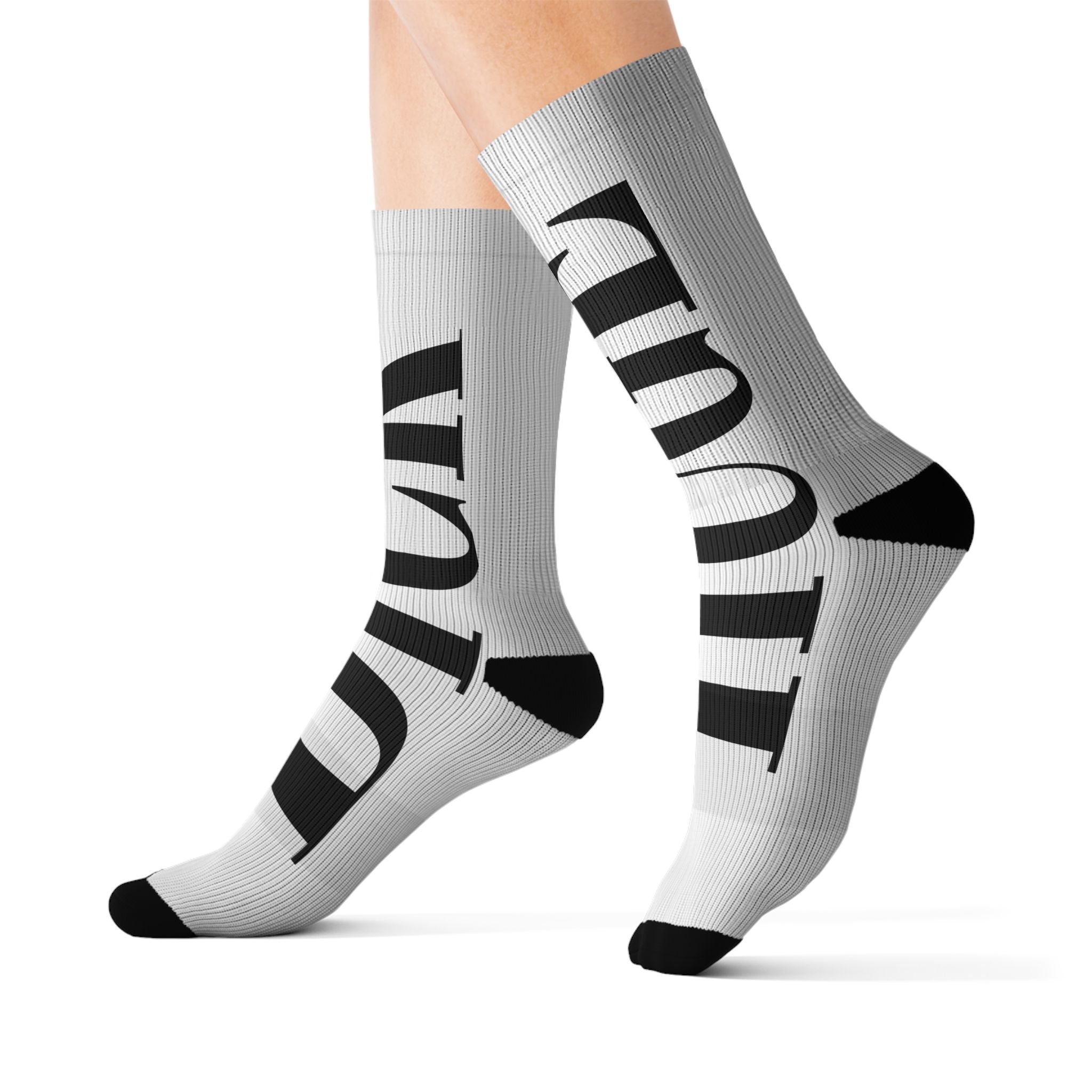 Bold Vertical Letter Sublimation Socks — Customizable Text Crew Socks (e.g., HUGE / DICK)