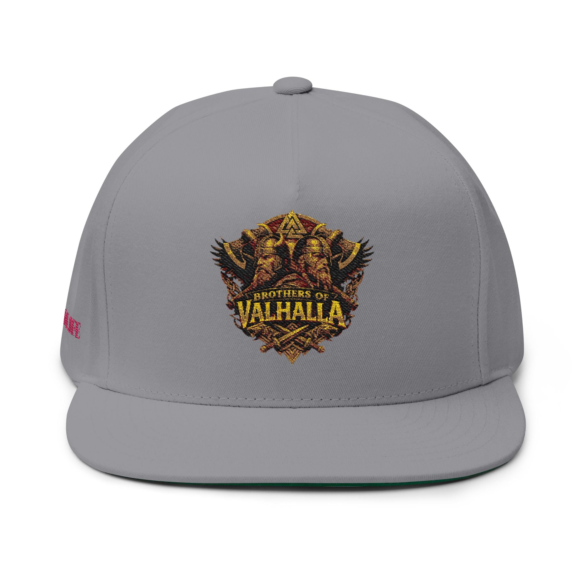 "C.M.B." Flat Bill Cap — Embroidered 'Welcome to Valhalla' Viking Crest Snapback