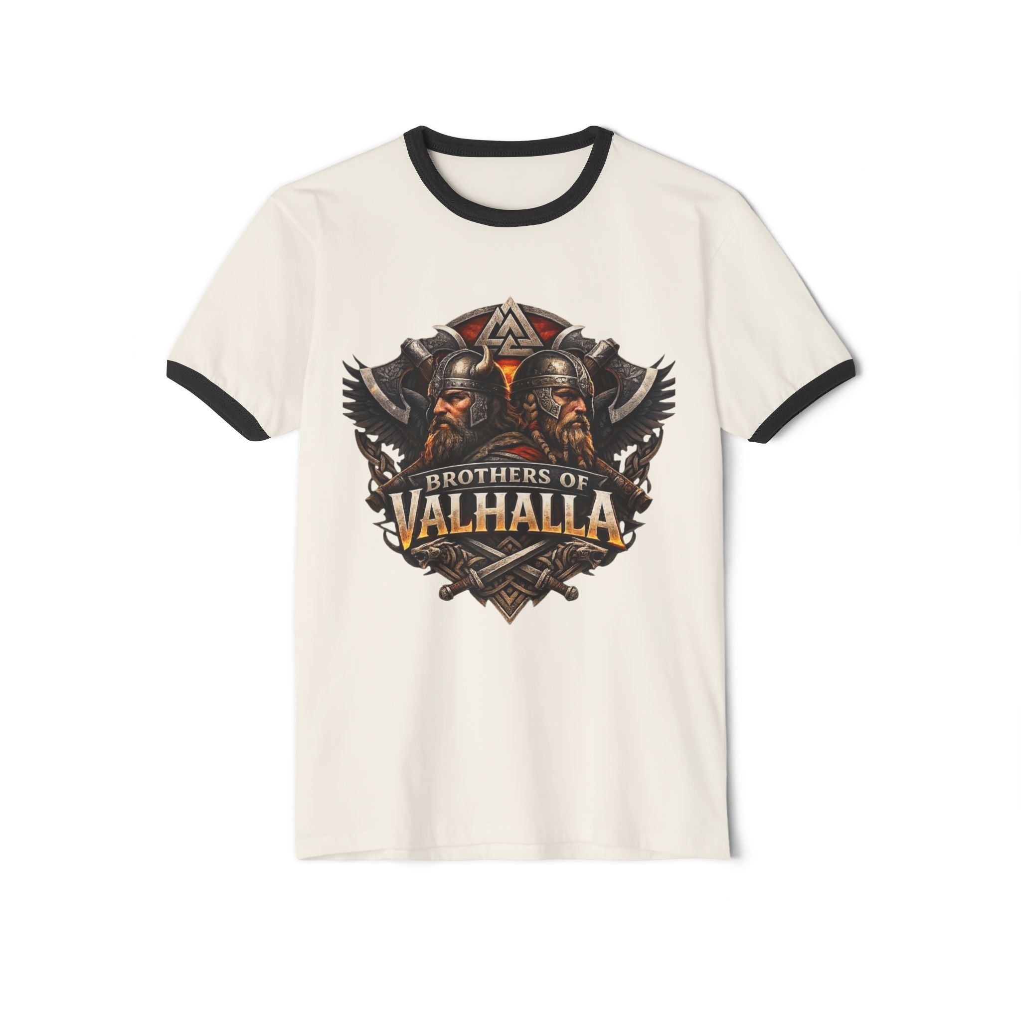 Brothers of Valhalla Ringer T-Shirt — Viking Helmet & Norse Wings Graphic