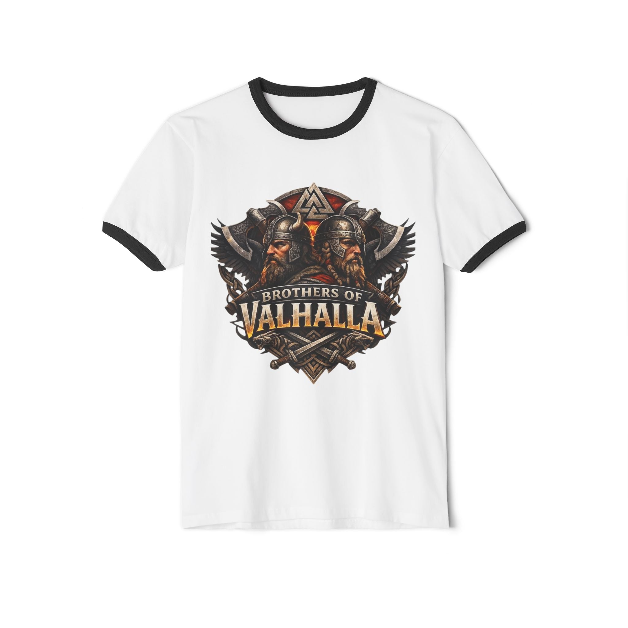 Brothers of Valhalla Ringer T-Shirt — Viking Helmet & Norse Wings Graphic