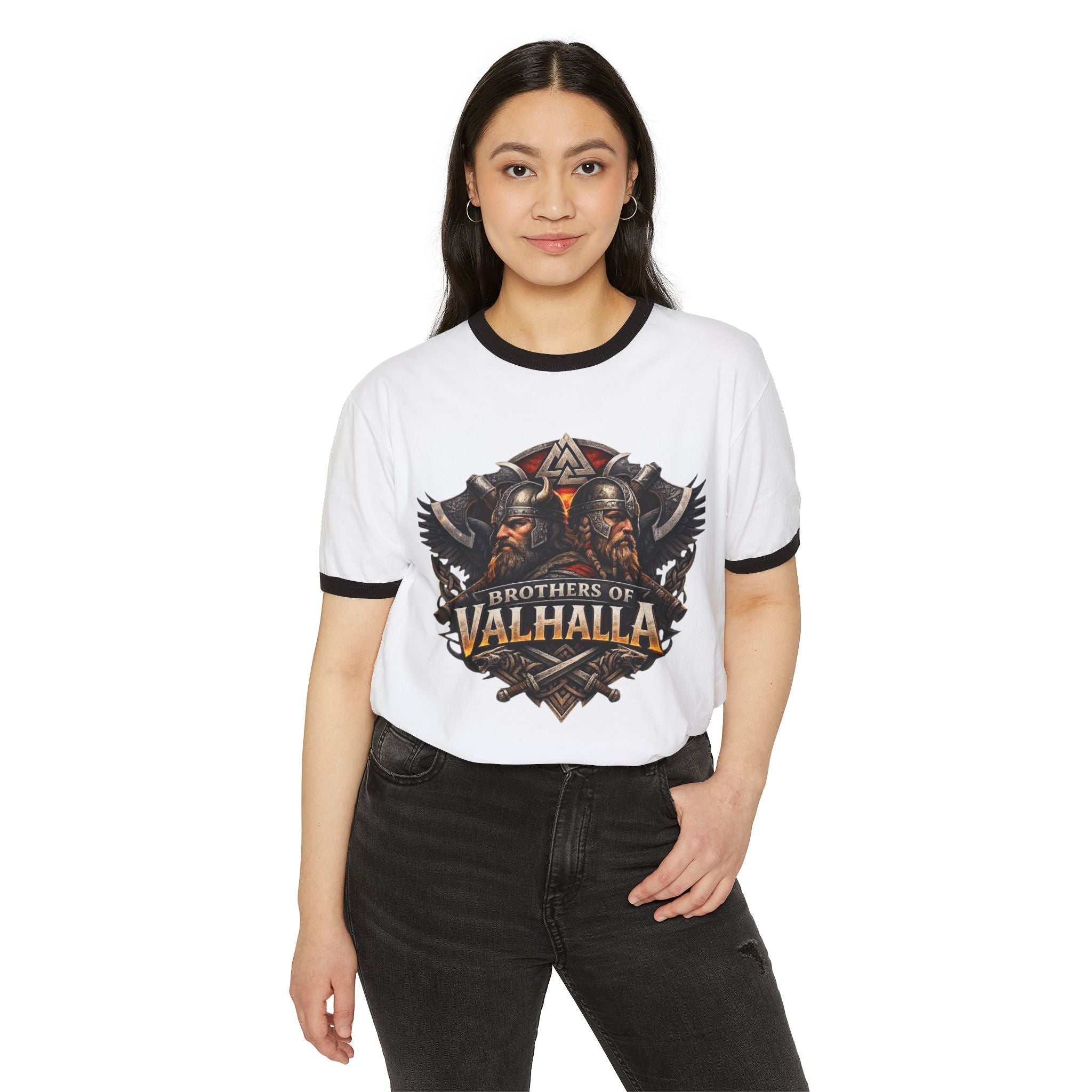 Brothers of Valhalla Ringer T-Shirt — Viking Helmet & Norse Wings Graphic