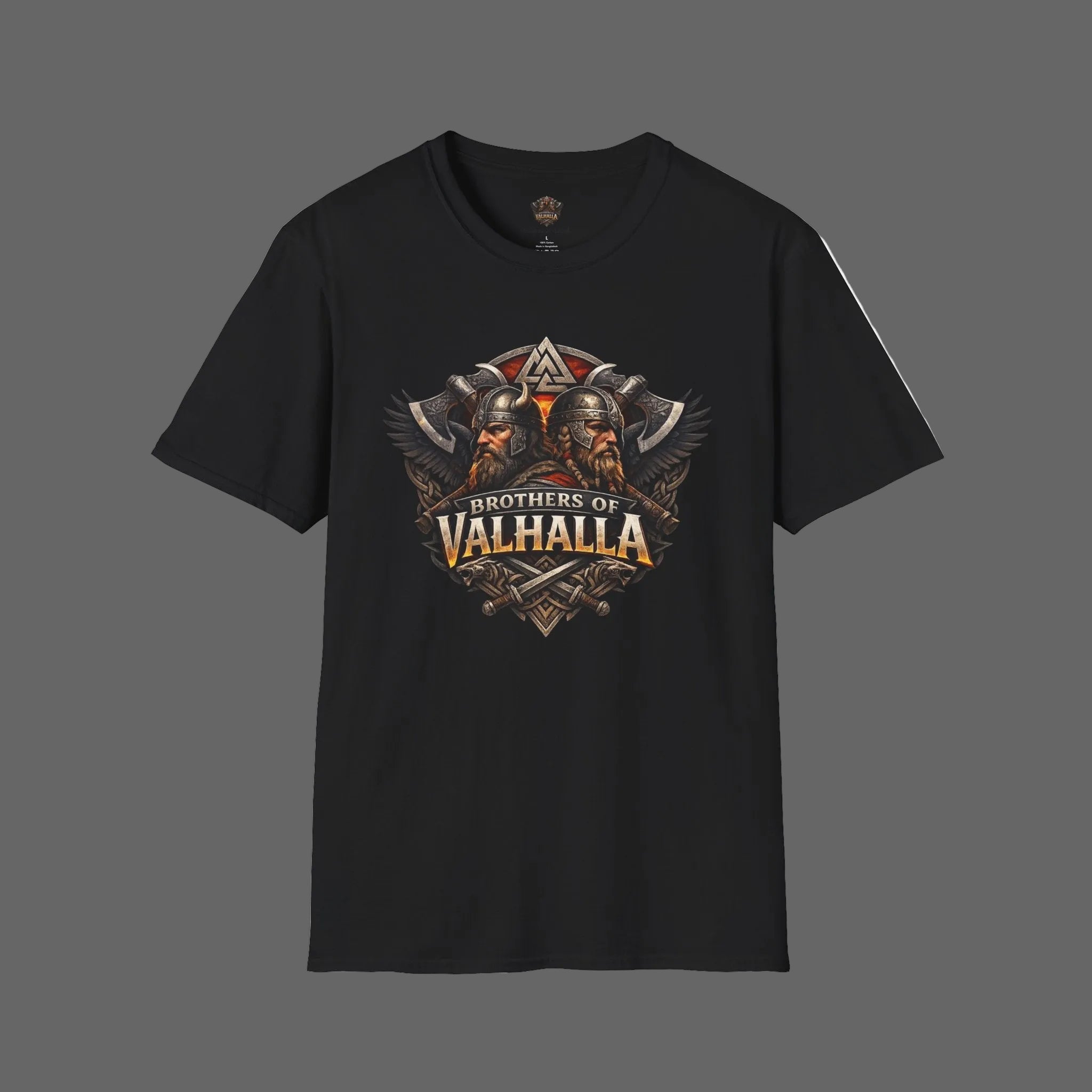 Black t-shirt with 'Brothers of Valhalla' text on a white background