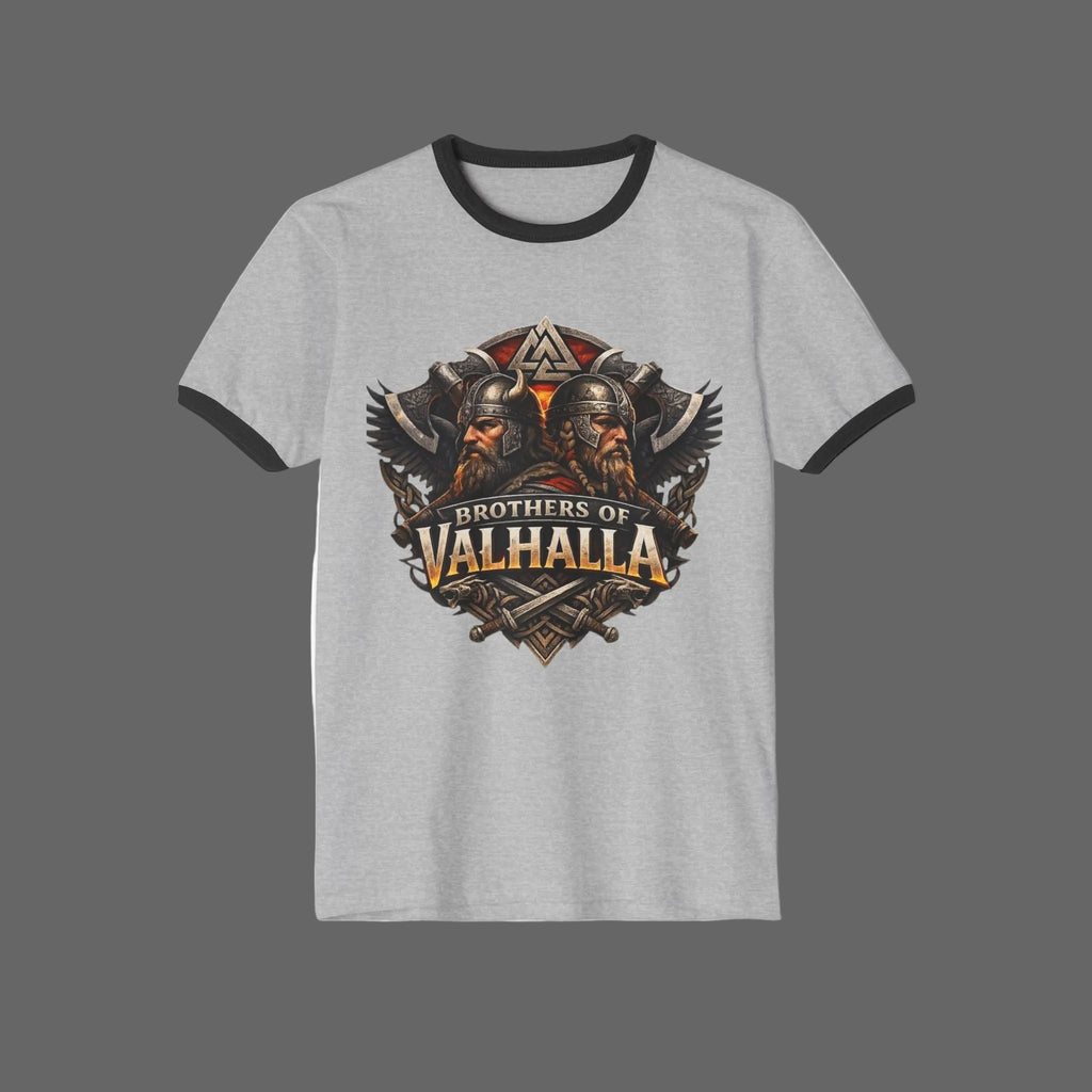 A heather gray ringer t-shirt with black trim on the collar and sleeves, featuring a large graphic print on the front with two Viking warriors and the text 'BROTHERS OF VALHALLA'.
