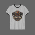 A heather gray ringer t-shirt with black trim on the collar and sleeves, featuring a large graphic print on the front with two Viking warriors and the text 'BROTHERS OF VALHALLA'.