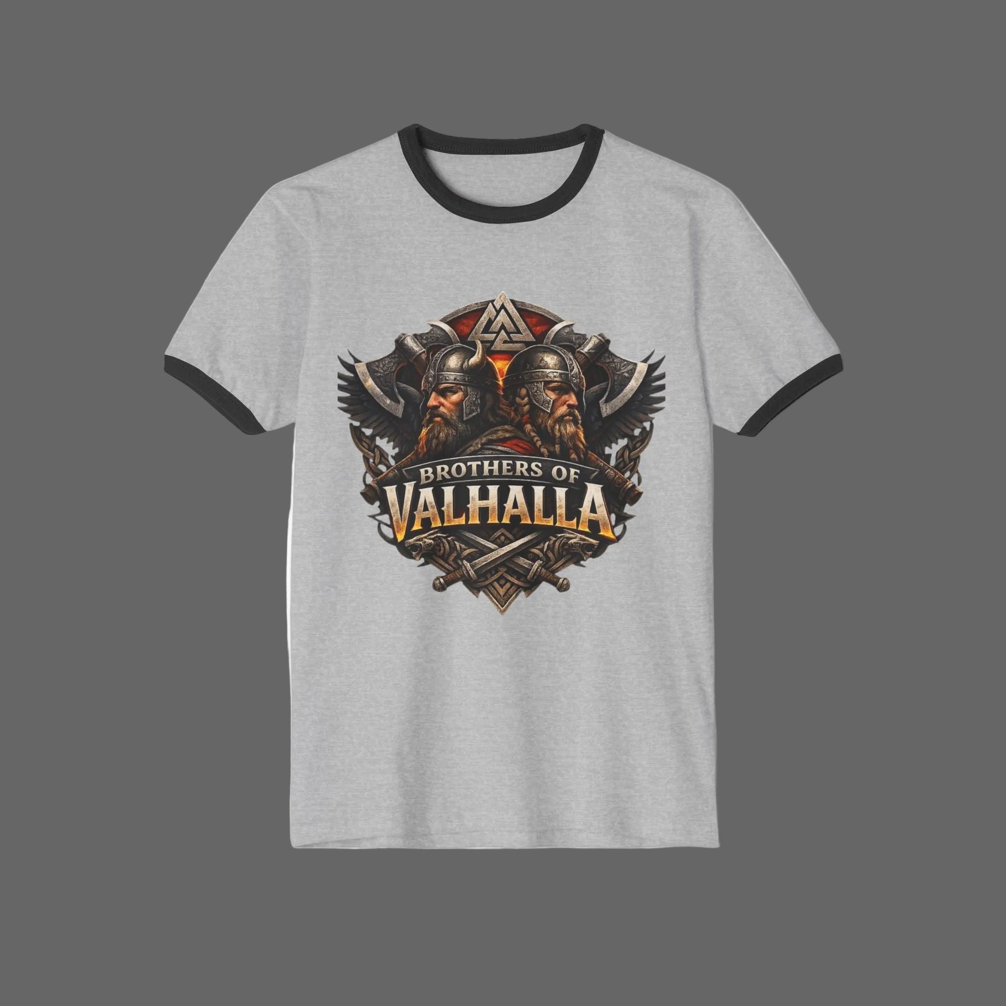 A heather gray ringer t-shirt with black trim on the collar and sleeves, featuring a large graphic print on the front with two Viking warriors and the text 'BROTHERS OF VALHALLA'.