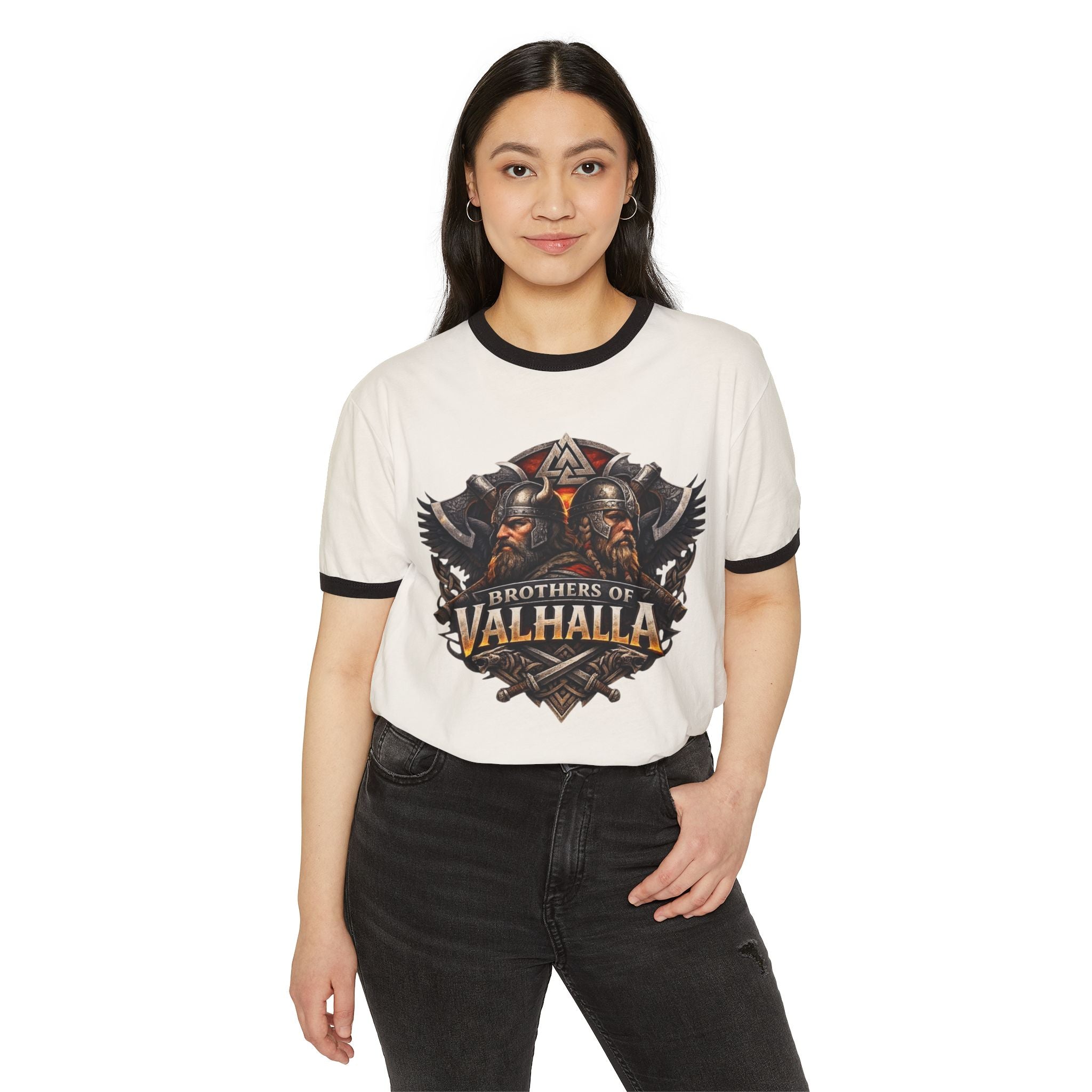 Brothers of Valhalla Ringer T-Shirt — Viking Helmet & Norse Wings Graphic