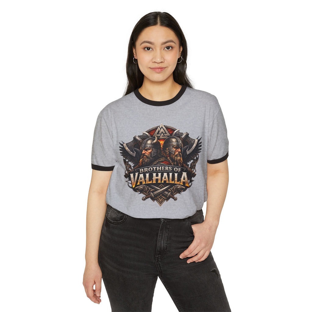 Brothers of Valhalla Ringer T-Shirt — Viking Helmet & Norse Wings Graphic