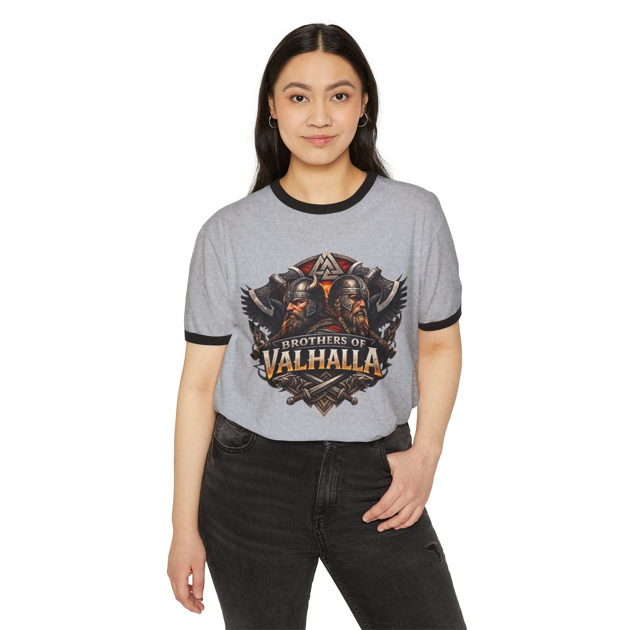 Brothers of Valhalla Ringer T-Shirt — Viking Helmet & Norse Wings Graphic