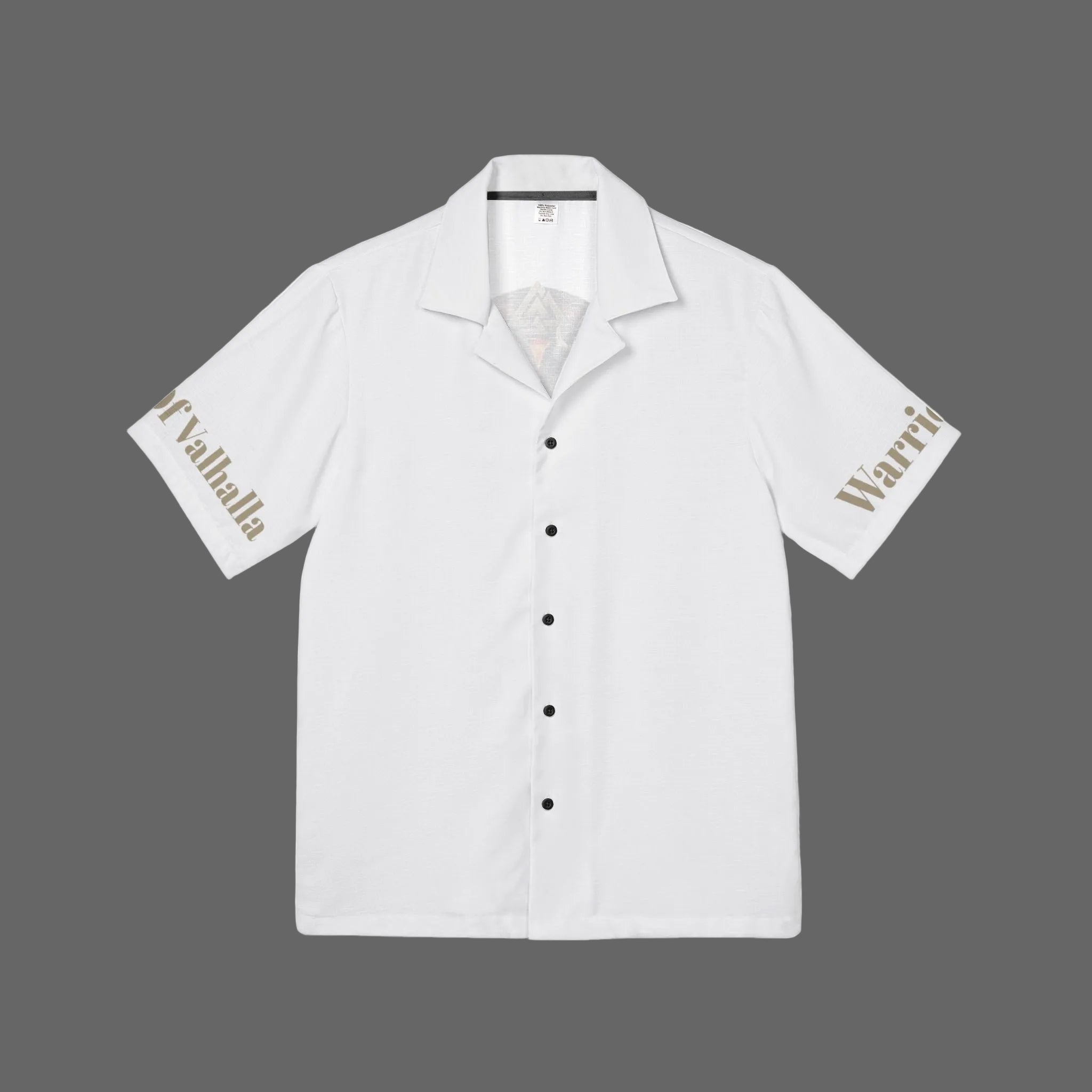 A white short-sleeve camp collar button-up shirt with black buttons, featuring 'Valhalla' printed in gold on the right sleeve and 'Warri' in gold on the left sleeve, displayed flat against a white background.